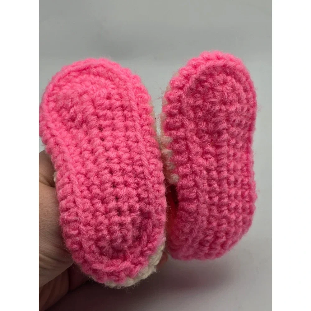 Vintage Handmade Crochet Baby Sandals Pink Cream Knit Booties Button Strap 4C